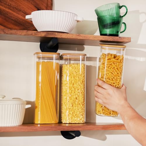 D2scrma 71oz Glass Square Storage Containers with Bamboo Lids Set of 3 (2100ml) Tall Food Storage Canisters Kitchen Jars for Pantry Organization Pasta, Penne, Macaroni, Lasagna, Fusilli - size: 71oz*3