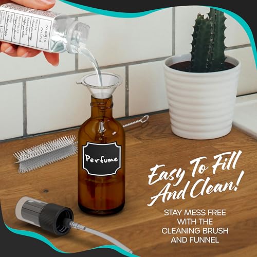 Nevlers 4 Oz Amber Glass Spray Bottles for Cleaning & Refreshment 48 Pack | Amber Glass Bottles | Mist Bottle Sprayer w/ Shrink Wrap, Funnel, Brush, Marker & Labels | Small Spray Bottle for Hair & Face