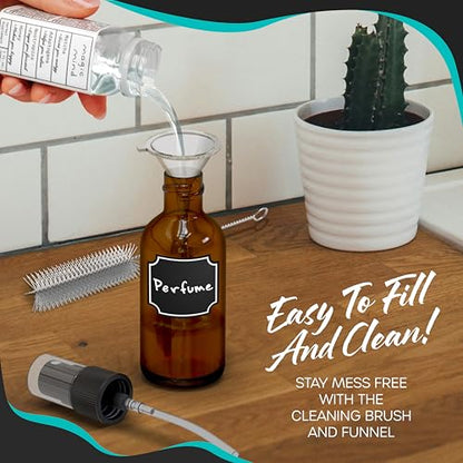Nevlers 4 Oz Amber Glass Spray Bottles for Cleaning & Refreshment 48 Pack | Amber Glass Bottles | Mist Bottle Sprayer w/ Shrink Wrap, Funnel, Brush, Marker & Labels | Small Spray Bottle for Hair & Face