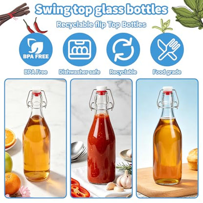 6 Pack 32oz Swing Top Glass Bottles – Flip Top Bottles with Stoppers for Vanilla Extract, Kombucha, Kefir, Home Brewing, Fermentation & Gifting, Includes Funnel & Extra Gaskets