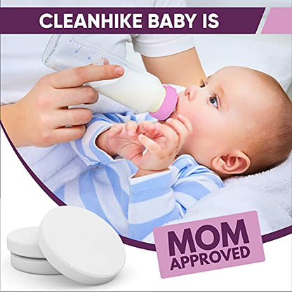 CleanHike (3) Baby Water Bottle Cleaning Tablets - (90 Pack) Natural Bottle Cleaner for Milk Bottles Tabs for Stainless Steel and Plastic Kid's Tumbler - Individually Packed