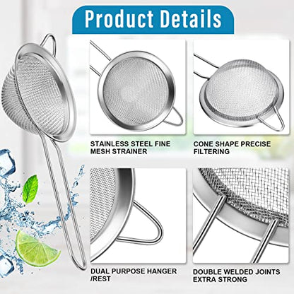 9 Pack Stainless Steel Cone Cocktail Strainer, Bar Strainer, Mesh, 3.2 in | Fine Mesh Cone Shape, Long Handle, Juice Tea Coffee Filter, Fits Most Cups, Reusable