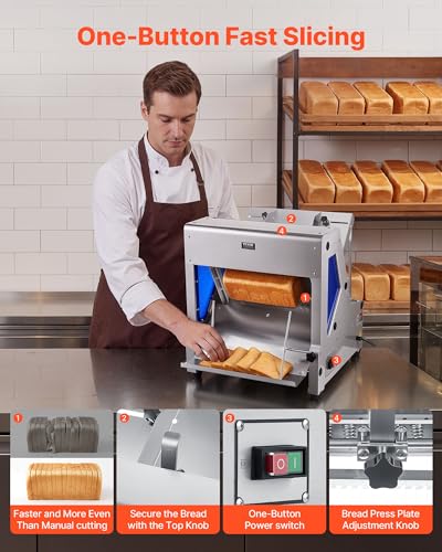 VEVOR Electric Bread Slicer, 370W Bread Slicing Machine, Die-Cast Aluminum Countertop Bread Cutter Machine for 12mm Slice Thickness, Commercial & Home Use for Bakeries Restaurants, 120V - size: Upgraded Electric Bread Slicer