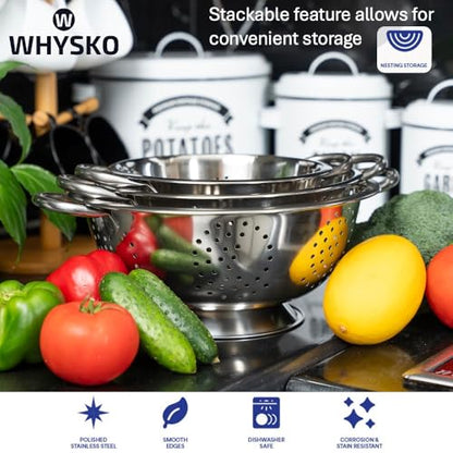 Whysko 3 Pack Stainless Steel Colanders with Handles - 5 Qt, 3 Qt, 1 Qt - Durable Colander for Kitchen Strainers and Colanders Set - Ideal Metal Colander for Pasta, Vegetables, Food Prep