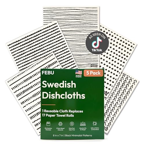 FEBU Swedish Dishcloths for Kitchen | 5 Pack Black Minimalist Reusable Paper Towels Washable | Swedish Dish Towels | Non-Scratch Cellulose Sponge Cloths | No Odor, Biodegradable Cleaning Cloths - color: Hand Drawn