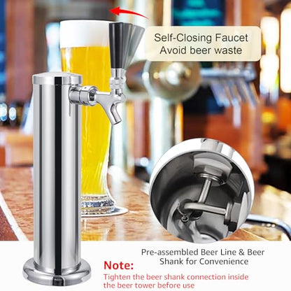 Kegerator Tower Single Tap Beer Tower Dispenser, Draft Beer Tap Tower Kegerator Parts, Upgraded 3" Flange Keg Tower with Pre-Assembled Tubing & Self-Closing Brass Beer Faucet Stainless Core