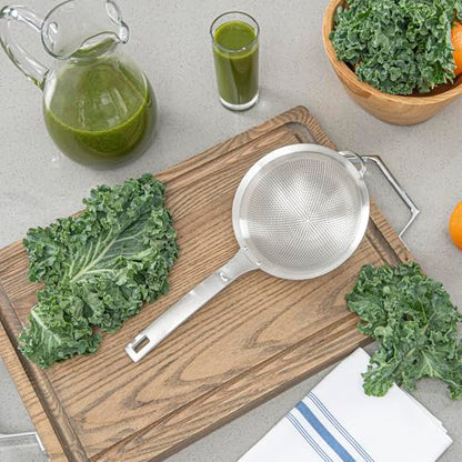 Restaurantware Fine Mesh Strainer - 1 Count - Met Lux 13.19" x 6.3" Stainless Steel Fine Mesh Sieve, Adjustable Tilt Strainer, Hanging Hole, Easy to Clean - Sieve For Flour and Juice - size: 13.25" x 6.25"