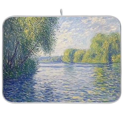Watercolor River Trees Dish Drying Mat for Kitchen Counter Super Absorbent Draining Mat with Non-slip Backed Dishwashing Mat for Dish Bottles Cups Bowl Countertops Sinks Draining Racks