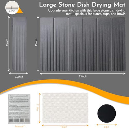 Large Stone Dish Drying Mat for Kitchen Counter, 23" × 15" Quick Dry Stone Mat, Collapsible Fast Absorbing Diatomaceous Earth Non-Slip Dish Drying Pad for Dishes & Cups (Dark Gray‌, 23" × 15") - color: Dark Gray‌