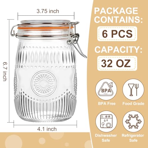 32oz Mason Jars with Airtight Lids, 6 Pack Wide Mouth Canning Jars with Clamp Lid, Quart Glass Canisters for Kitchen Storage, Pickling, Coffee, Cereal, Sugar, Flour, Beans