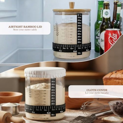 SheeChung 50oz Sourdough Starter Jar, Wide Mouth Sourdough Jar Glass, Bamboo Lid, Cloth Cover, Date Tracker, Scraper, Sourdough Starter Kit, Fermentation Jars, Sour Dough Bread Baking Supplies, 2 Pack - size: 50 Ounce (Pack of 2)