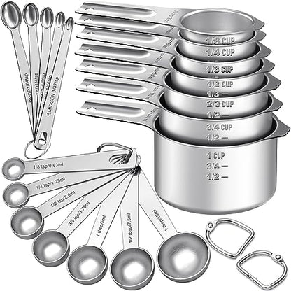 EWFEN Measuring Cups and Spoons Set, 7 Stainless Steel Nesting Measuring Cups & 7 Spoons, 5 Mini Measuring Spoons & 2 Detachable Rings, Kitchen Gadgets for Cooking & Baking, Round - color: Round Spoons
