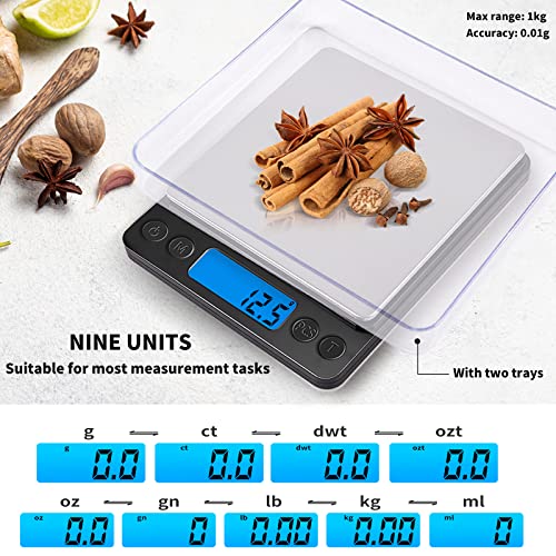Small Digital Gram Scale 1000g by 0.01g, MEIYA High Accuracy Scale for Food Ounces and Grams, Upgrade USB Charging Kitchen Scale Digital Weight for Cooking, Baking, with Tare Function, 9 Units, 2 Tray - color: Black