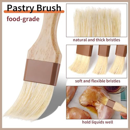 3 Pack Natural Bristle Pastry Brush for Basting Baking Cooking Food | Wooden Handle for Grilling & BBQ, Shed-Resistant Cooking Brushes for Sauce, Oil, Butter and Marinade