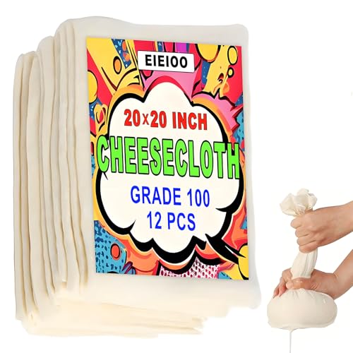 12 Pcs Cheesecloth, 20x20 Inch Organic Hemmed Cheese Cloth for Straining, Reusable Washable Unbleached Pure Cotton Cheesecloth for Cooking, Cheese Making, Baking, Juicing, Grade 100 (12 Pcs)
