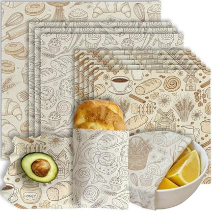 Reusable Beeswax Wrap, Bakery and Coffee Wraps, 9 Pack Eco-Friendly Food Preservation, Organic, Sustainable, Zero Waste, Plastic-Free Covers for Sandwich, Bread, Bowl, 1XL, 3M, 5S - color: Brown Bakery