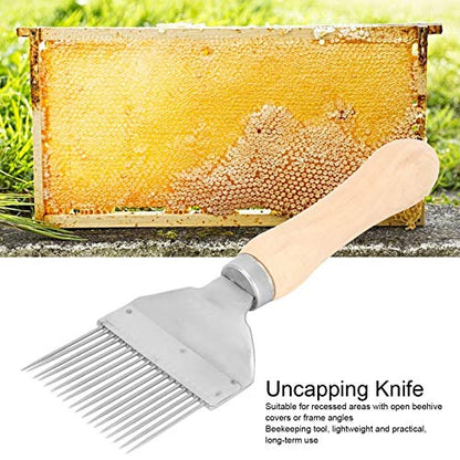 2pcs Bee Keeping Uncapping Fork, Stainless Steel Honey Comb Uncapping Fork Honeycomb Honey Scraper Wooden Handle Beekeeping Beekeeper Equipment Tool with 18 Tines for Beekeeping