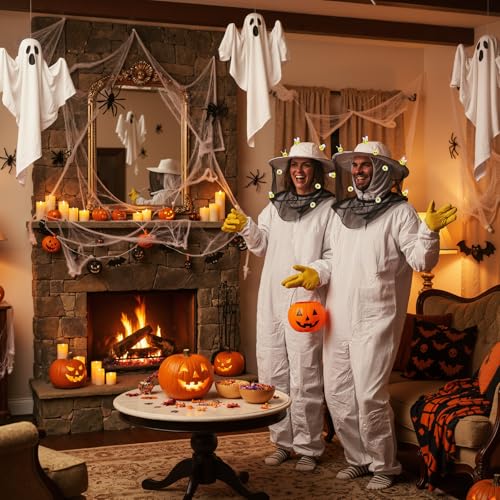 Preboun 35 Pcs Beekeeper Costume Set, Beekeeper Suit Hat with Veil Gloves Felt Bee for Bee Keeper Catcher Cosplay Halloween - size: X-Large