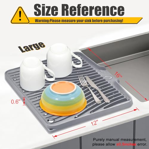 TIKNIK Silicone Dish Drying Mat for Kitchen Counter - Heat Resistant & Non-Slip Dish Drain Pad with Built-In Drain, Dishwasher Safe, Quick-Dry, Hangable & Roll-Up for Storage, Grey-1pcs, 16" x 12" - size: 16" x 12"
