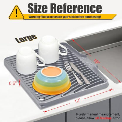 TIKNIK Silicone Dish Drying Mat for Kitchen Counter - Heat Resistant & Non-Slip Dish Drain Pad with Built-In Drain, Dishwasher Safe, Quick-Dry, Hangable & Roll-Up for Storage, Grey-1pcs, 16" x 12" - size: 16" x 12"