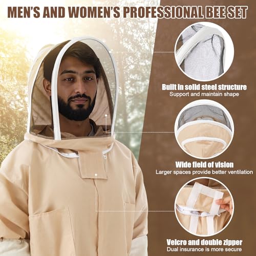 Professional Bee Suits for Men Women Sting Proof with Gloves & Veil Hood Beekeeper Hat, Beekeeping Jacket, Full Body Apiarist Suit for Backyard Beekeepers Bee Keeper Catcher(XL) - color: Apricot