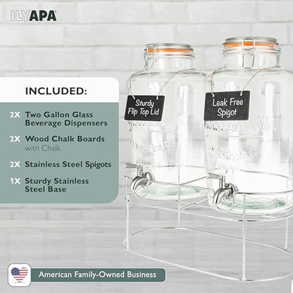 Ilyapa 2 pack 2 Gallon Glass Beverage Dispenser with Stand- Wide Mouth Mason Jar Drink Dispensers with Spigot - Leak Proof Glass Flip Top Lid - size: 2 Gallon Double Flip Top Dispenser