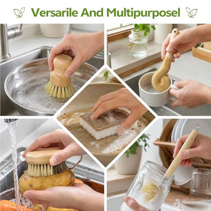 GREENTH PRO 9-Piece Bamboo Dish Brush Set with Natural Coconut Sponges | Dish Brush,Coconut Bottle Brush,Natural Kitchen Cleaning Set