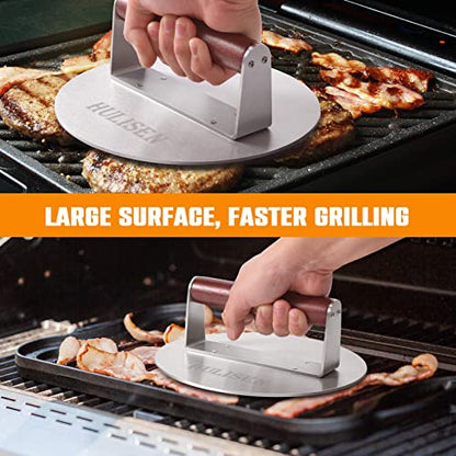 HULISEN 8.5-Inch Burger Press, 2.5 lbs Heavy Duty Bacon & Grill Press, Stainless Steel Smashed Burger Press, Round Smasher with Wood Handle, BBQ Griddle Accessories for Hamburger, Steak, Meat - size: 8.5 Inch Round