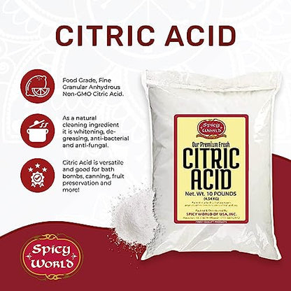 Pure Citric Acid, 10 Pound - Food Grade & Non-GMO- Natural Food Preservative, Beauty Ingredient- by Spicy World - size: 160 Ounce (Pack of 1)