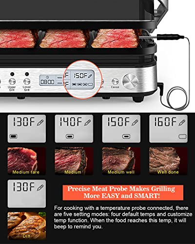 CATTLEMAN Panini Press Grill Sandwich Maker with Removable Plates, 1600W, 6 in 1 Indoor Grill with Meat Thermometer, Electric Contact Grills for Kitchen, Stainless Steel - color: Silver with Waffle Plates