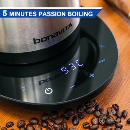 Bonavita Cosmopolitan 1.0L Gooseneck Electric Kettle, Stainless Steel Water Boiler for Coffee Brew and Tea Precise Pour Control, 6 Preset Temps, Glass Touch Panel, 1200W Fast Boil, Stainless Steel - color: Stainless Steel