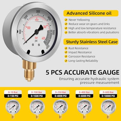 Hydraulic Pressure Test Kit with 5 Gauges(Max 10000 PSI), 13 Test Couplings 14 Tee Connectors 5 Test Hoses, Hydraulic Gauge Tester Set for Excavator, Construction, Machinery, and Mine - style: 5 Gauge Test Kit