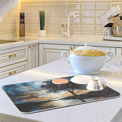 Sky Lake Tree Dish Drying Mat for Kitchen Counter Super Absorbent Draining Mat with Non-slip Backed Waterproof Sink Mats for Dish Cups Bowl Bottles Countertops Sinks Draining Racks