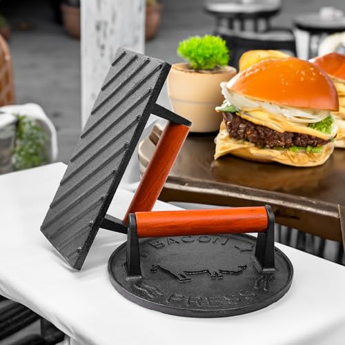 vivicreate 8.5 inch Rectangle & 7 inch Round Smash Burger Hamburger Smasher Patty Maker cast Iron Grill Weight Bacon Press Wood Handle prensa de hamburguesas prensa de Hierro fundido - size: 7 INCH