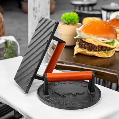 vivicreate 8.5 inch Rectangle & 7 inch Round Smash Burger Hamburger Smasher Patty Maker cast Iron Grill Weight Bacon Press Wood Handle prensa de hamburguesas prensa de Hierro fundido - size: 7 INCH