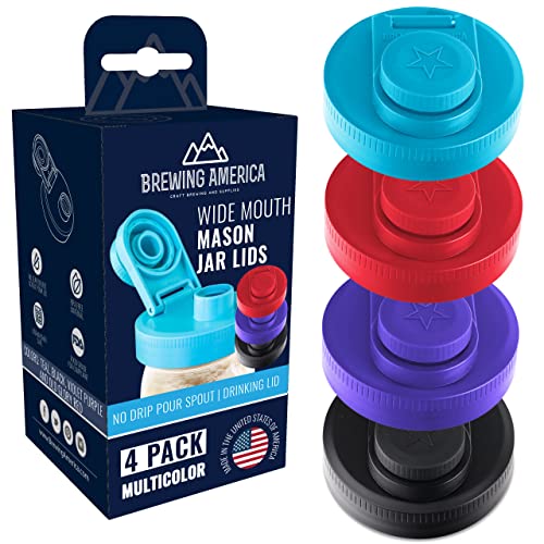 Mason Jar Lids Wide Mouth Plastic 4 pack-USA Made-Flip Cap Screw Top Pour Spout Drink Hole - Leak-proof for Kerr and Ball Canning Jars - Airtight for Drinks to Go and Controlled Pouring - Multi-Color - color: Multicolored