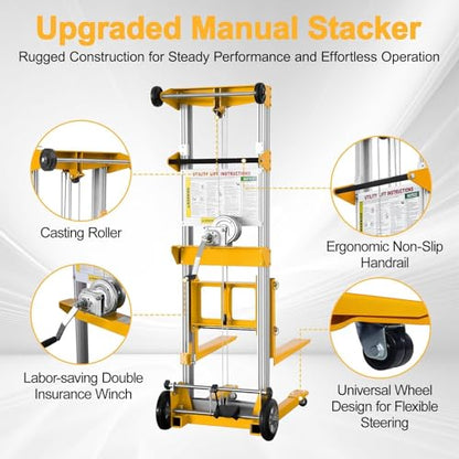 122" Material Lift Winch Stacker, 400 lbs Capacity Manual Material Lifts, Fixed Straddle Material Lifter, Hand Winch Lift Trucks for Warehouse, Factory, Lightweight, 34.60"L x 24.80"W, Yellow - color: Yellow
