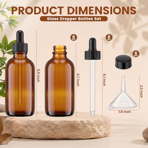 Hushee 6 Pack 4 oz Amber Glass Dropper Bottles for Essential Oils with Measured Eye Dropper, 6 Black Caps, 1 Funnel for Personal Care, Tincture Bottles Leakproof Travel Bottle Lab Chemicals Perfumes
