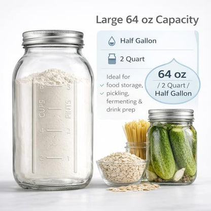 Glyntrof 64 oz Mason Jars Wide Mouth with Airtight Lids, 2 Quart Glass Canning Jar for Fermenting, Pickling and Food Storage, Pack of 3 - color: 64oz-3 pcs