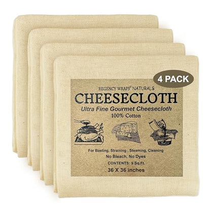 Regency Wraps 100% Cotton Ultra Fine Natural Cheese Cloth, 36 sq.ft 36" X36" 4 pcs, Chef Grade for Basting Turkey, Canning, Straining, Cheesemaking - size: 9 sq ft (Pack of 4)