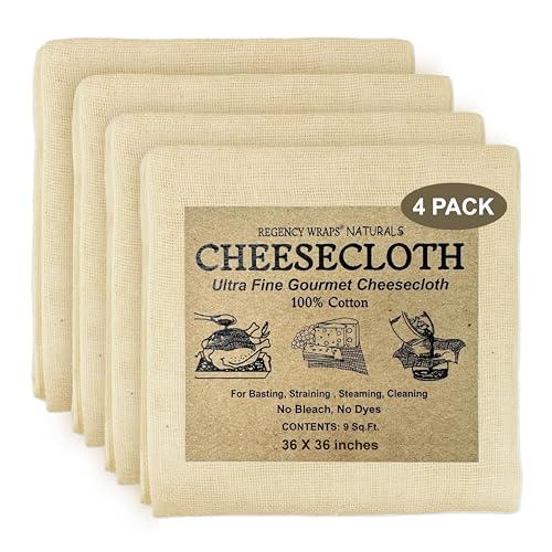 Regency Wraps 100% Cotton Ultra Fine Natural Cheese Cloth, 36 sq.ft 36" X36" 4 pcs, Chef Grade for Basting Turkey, Canning, Straining, Cheesemaking - size: 9 sq ft (Pack of 4)
