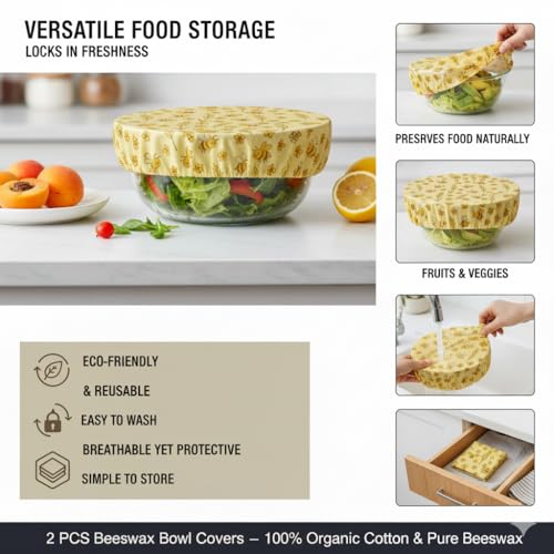2 Pack 10 Inch Reusable Round Beeswax Bowl Covers for Sourdough Bread Proofing & Cold Fermentation, Prevents Dough Drying, Natural Elastic Cotton Lids for Banneton & Mixing Bowls