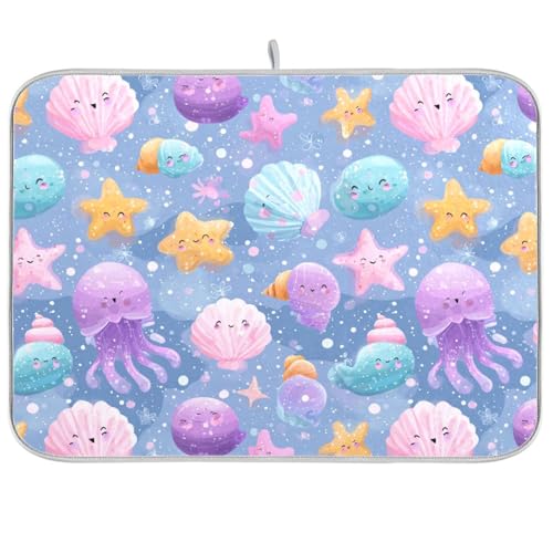 Dish Drying Mat for Kitchen Counter Cartoon Cute Seashell Starfish Flower Absorbent Drying Dish Mat 16×18 inch Dish Rack Pad Coffee Mat for Sink Dishes Under Rack - color: multicolored.17, size: 16x18in