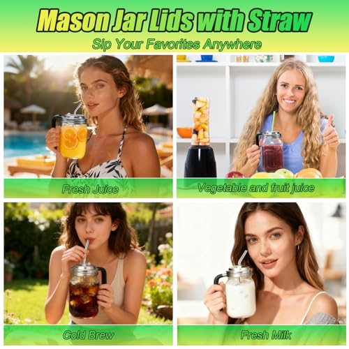 Palksky Mason Jar Lids with Straw Hole Wide Mouth, Stainless Steel Drinking Lid with Handle & Silicone Rings, Spill-Resistant Mason Jar Straw Lid for Iced Coffee, Juice, Lemonade (2 Packs) - style: Wide Mouth Lids with Straw Hole & Handle 2 Packs