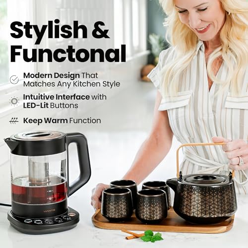 Viante Luxury Tea Set, Electric Kettle With Infuser, Gift for Tea Lovers | Borosilicate glass body plus ceramic teapot, 4 ceramic cups & bamboo tray. No plastic ever touches your water - style: Black with Tea Set