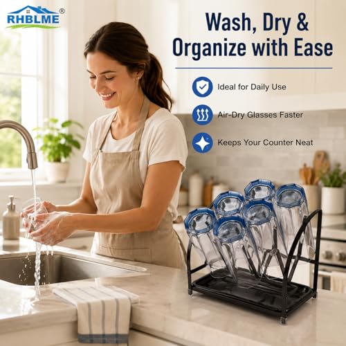 RHBLME 2 Packs Glass Drying Rack, Vertical Bottle Drying Rack Glass Bottle Holder with Drain Tray, Silicone Protective Hooks, Carbon Steel Non Slip Cup Mug Organizer for Glass Coffee Mug Countertop