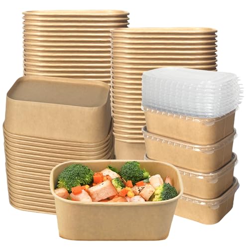 50 Pack Kraft Paper Food Container, 25 OZ Disposable Salad Bowls with Lids, Oil-Proof Rectangular Soup Bowls for Meal Prep Snack Takeout, Microwave Freezer Safe