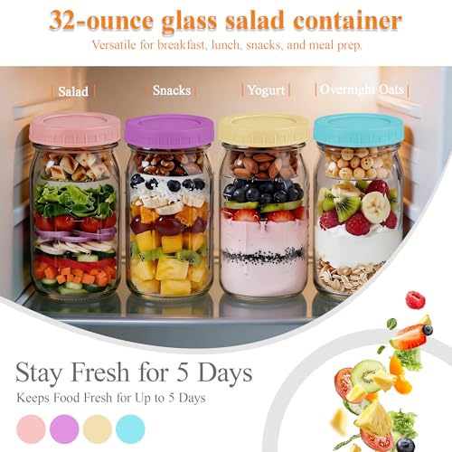 32oz Glass Wide Mouth Mason Jar with Divider and Lid | wet dry separated, plastic divider, leakproof lid, portable,wide mouth glass jar, meal prep, food-grade glass, freezer safe