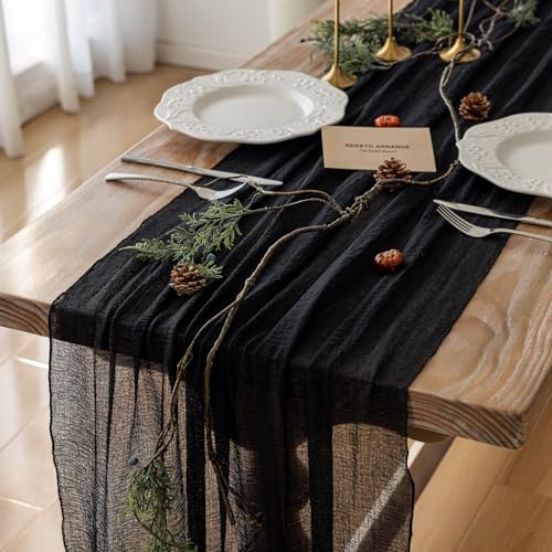 Keketoarrange 6pcs Halloween Table Runner Black Cheesecloth Gauze Rustic Premium Cotton Cheese Cloth Table Runner 120 Inch 10 FT for Wedding Bridal Baby Shower Long Sheer Boho Christmas Decorations - color: Black, size: 35"x120"(Pack of 6)