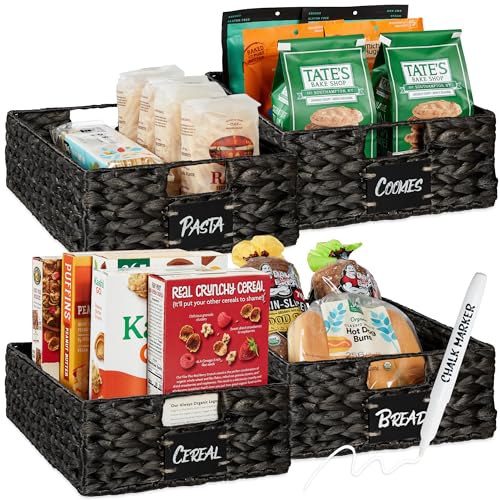 Best Choice Products 40.6 x 30.5cm(16 x 12인치) 대형 부레옥잠 식료품 저장실 바구니 4개 세트, 칠판 라벨이 있는 우븐 오거나이저, 초크 마커 - 블랙 - color: 블랙., size: 12x16x5in